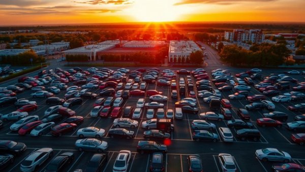 AI-driven automotive inventory sourcing showing a diverse car lot at sunset.