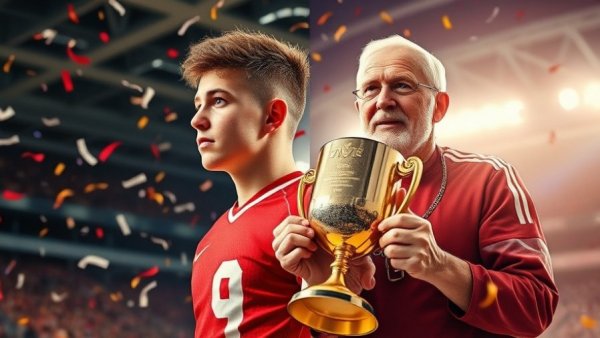 Athlete and coach dynamic moment, spotlight on sports triumph.