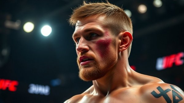 UFC featherweight title contender in post-fight interview, arena background.