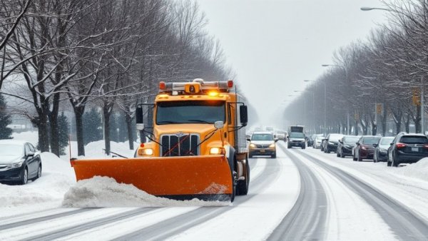 Snow removal services in Muskegon clearing snowy street with plow.