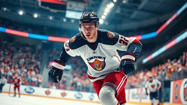 Hockey player in Griffins uniform during a game with spectators in arena