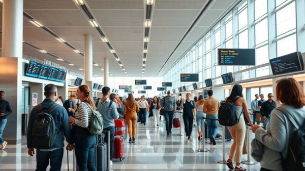 Travelers at Detroit Metro Airport check-in area.