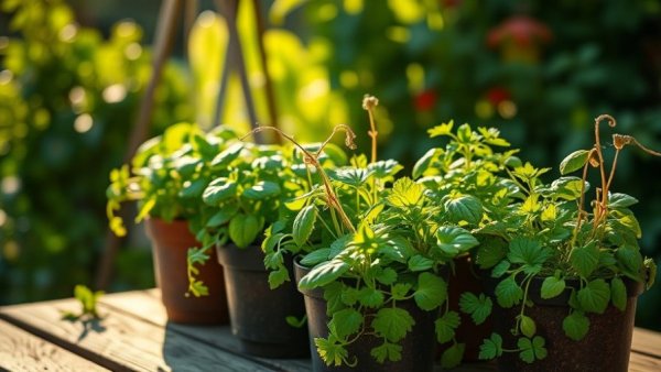 Potted slow-growing herbs on a sunny wooden table.