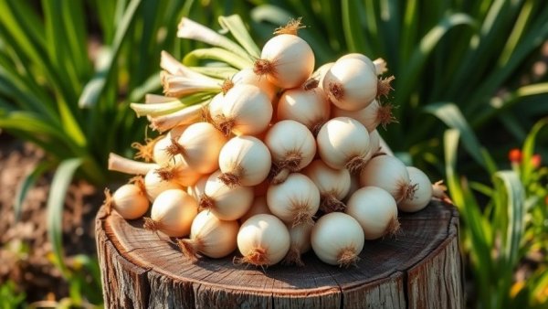 Fresh sweet onions on a wooden stump in a garden.