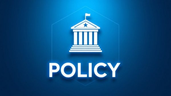 Research and policy graphic with courthouse icon on a blue background.