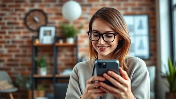 Woman using smartphone for UTI care telehealth in a cozy home office.