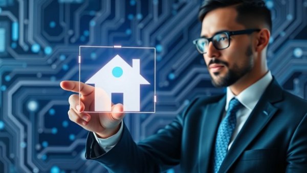 Futuristic AI use in real estate with digital house icon and circuits.