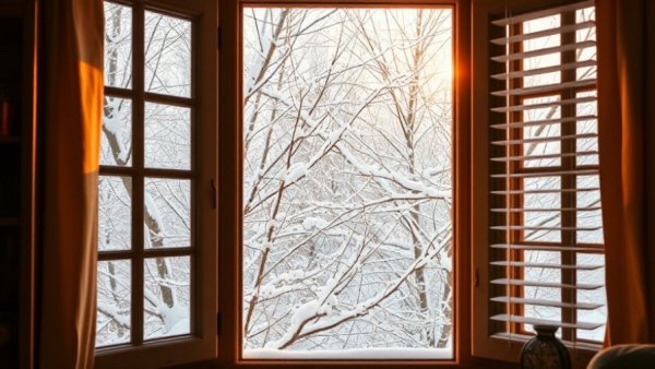 Snowy branches seen through an open window with warm blinds.