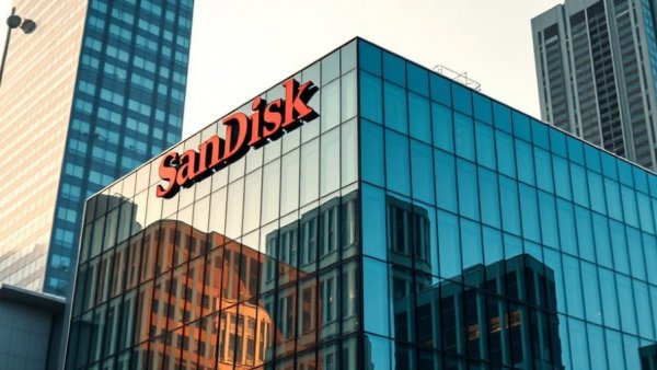 SanDisk building with glass facade reflecting daylight.