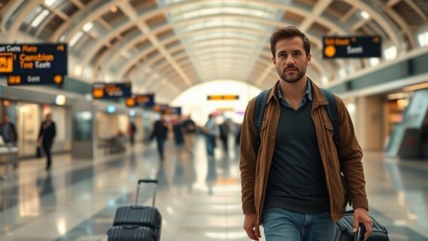 Traveler in airport terminal with luggage, nonstop flights from Kalamazoo to Chicago O'Hare.