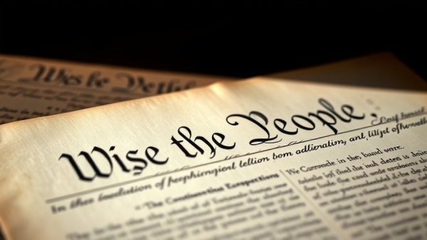 Close-up of US Constitution, 'We the People' featured prominently.