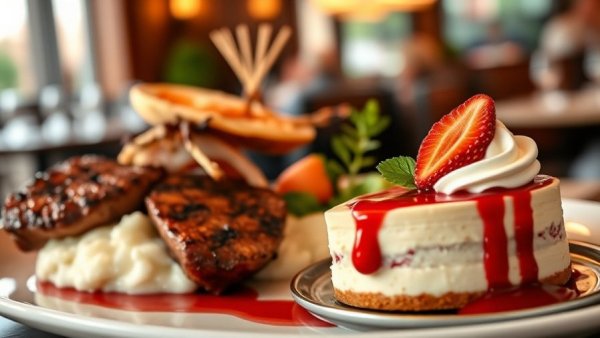 Romantic restaurant dining in Michigan featuring gourmet dishes and desserts.