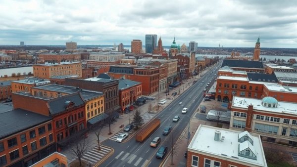 Michigan cityscape with historic buildings and roads, highlighting small business potential.