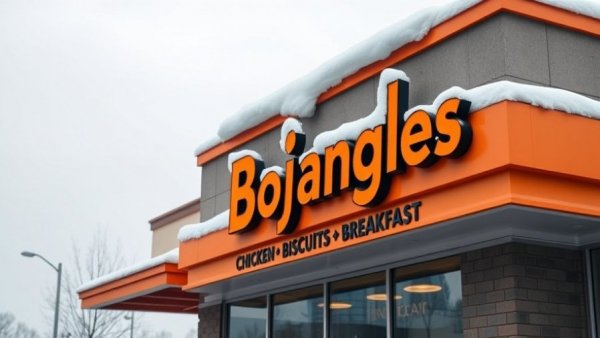 Bojangles sign in snowy Michigan with chicken, biscuits offerings.