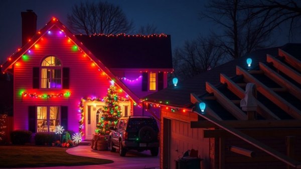 Dramatic roofing repair scene at suburban home, night view.