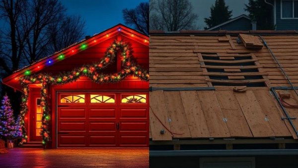 Festive garage and roofing demolition at Lowe's contractor site.