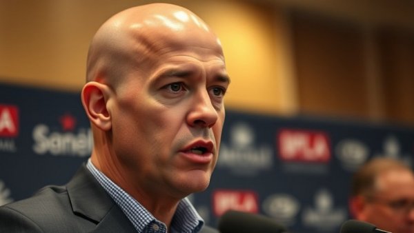 Man speaking at press conference with branded backdrop, Atlanta Falcons