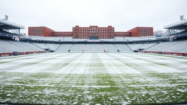 Snowy stadium with cleared field and buildings, showcasing winter maintenance.