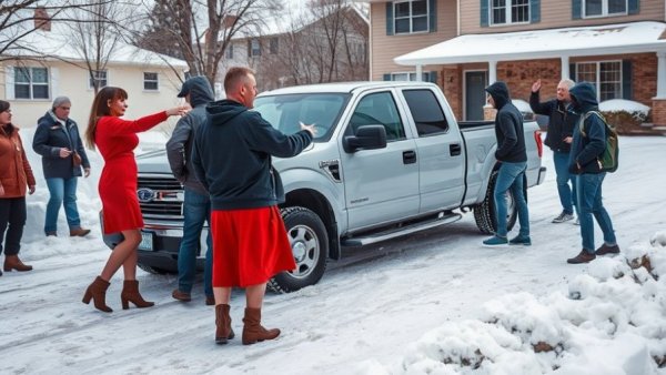 Chaotic snow removal scene in driveway, Muskegon winter.