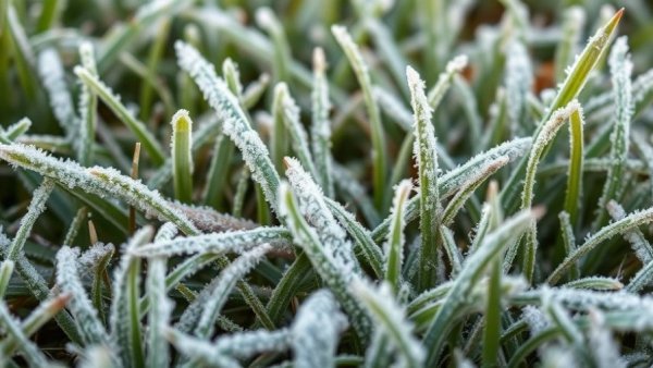 Close-up of frosted grass in Shelby MI lawn care scene.