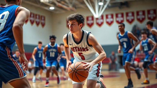 High school basketball action, player dribbling in Detroit MI.