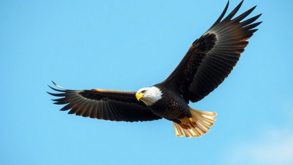 Bald eagle soaring in clear blue sky, representing Michigan eagle rehabilitation.