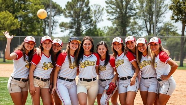Cheerful softball team posing on a sunny day.