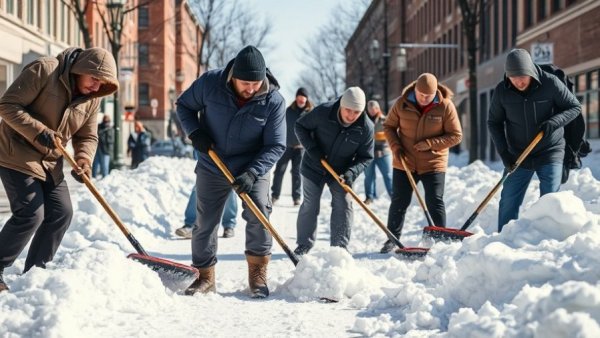 Winter maintenance team shoveling snow on a sunny day.