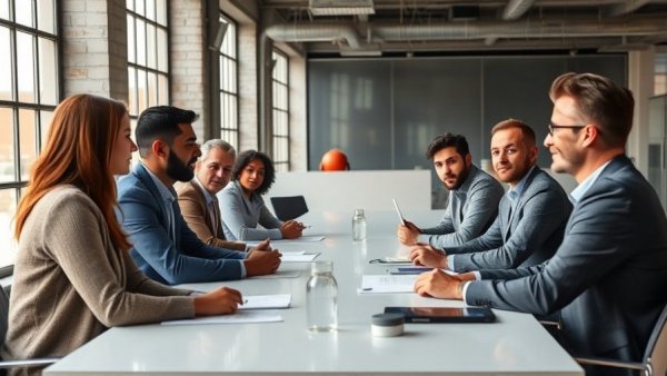 Meeting in modern office discussing hotel management platform.