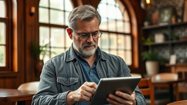 Male using tablet in cafe, focused expression, Muskegon Google Business Profile AI Overviews.