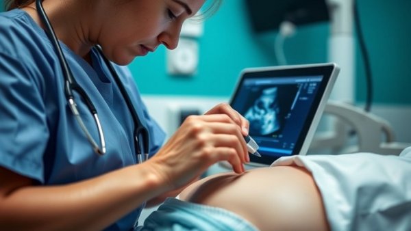 Healthcare professional performing abdominal ultrasound, Michigan healthcare shortage solutions.