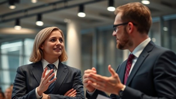 Business professional discusses Project EAT Google AI integration at conference.