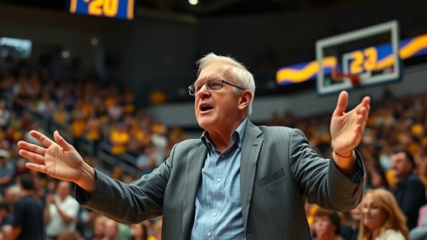 Energetic coach gesturing at basketball game, Michigan basketball season record.
