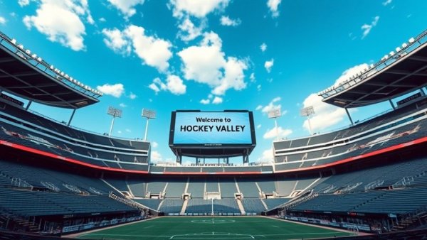 Beaver Stadium with 'Welcome to Hockey Valley' display during Penn State hockey event.