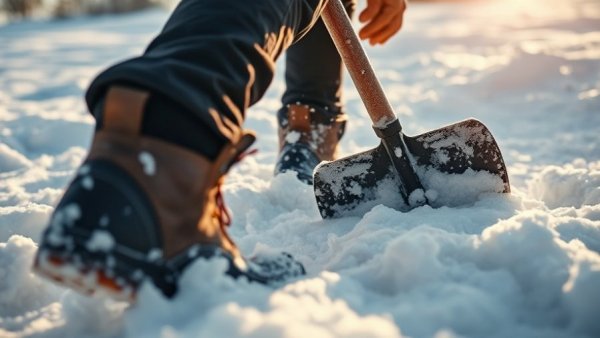 Person shoveling snow during record snowfalls in Michigan, sunny day.