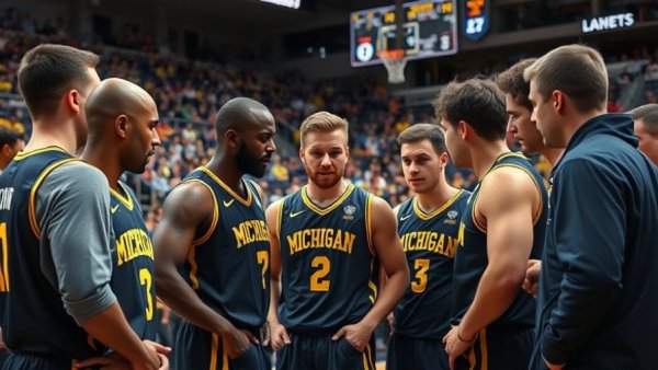 Dynamic Michigan basketball team huddle during game pause, preview focus.