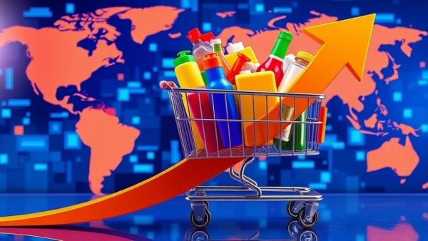 Illustration of Michigan grocery prices rising with graph and grocery cart.