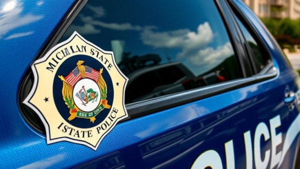 Michigan State Police vehicle emblem, related to contractor fraud in Michigan.