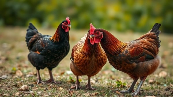 Brown and black chickens pecking in a rural field