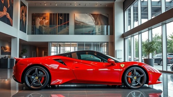 Red sports car display in Michigan automotive industry showroom.