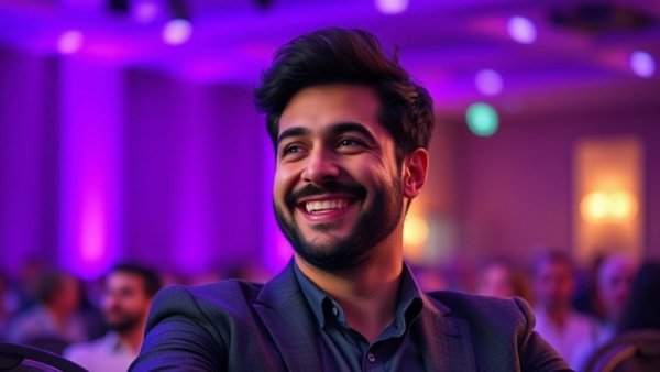 A person speaking confidently at a conference related to SpaceX-Tesla merger.