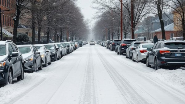 Snowy street with parked cars and plowing message overlay in Muskegon.