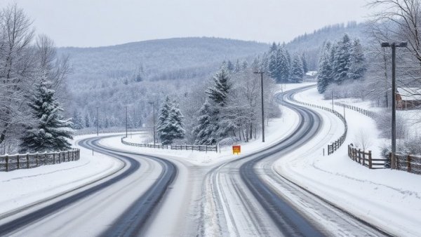 Winter road conditions in Vermont and New York, showcasing snow-covered roads.