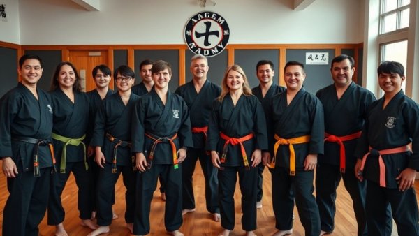 Martial arts group in Gurnee dojo with colorful belts smiling.