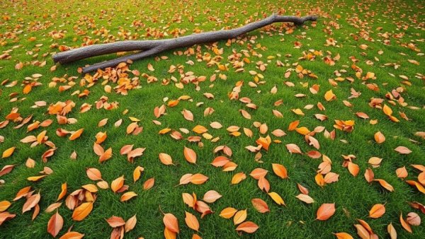 Autumn leaves scattered on a green lawn in Shelby MI, ideal for winter lawn care considerations.