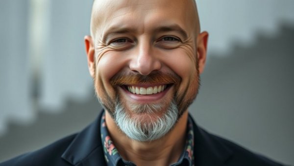 Close-up of a bald man smiling warmly, estrangement after divorce.