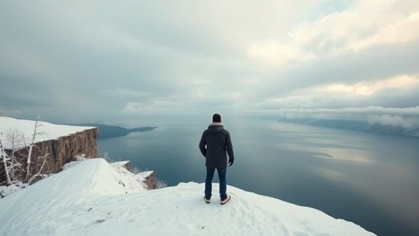 Scenic winter view over Muskegon Lake with snow and cloudy sky.