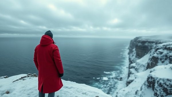 Figure in red coat on snowy cliff overlooking ocean, serene scene.