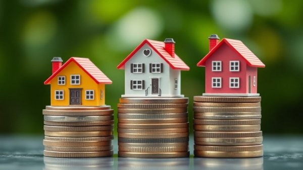 Miniature houses on coins representing luxury real estate market inherited wealth.