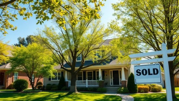 Sold sign in front of Michigan luxury home, spring setting